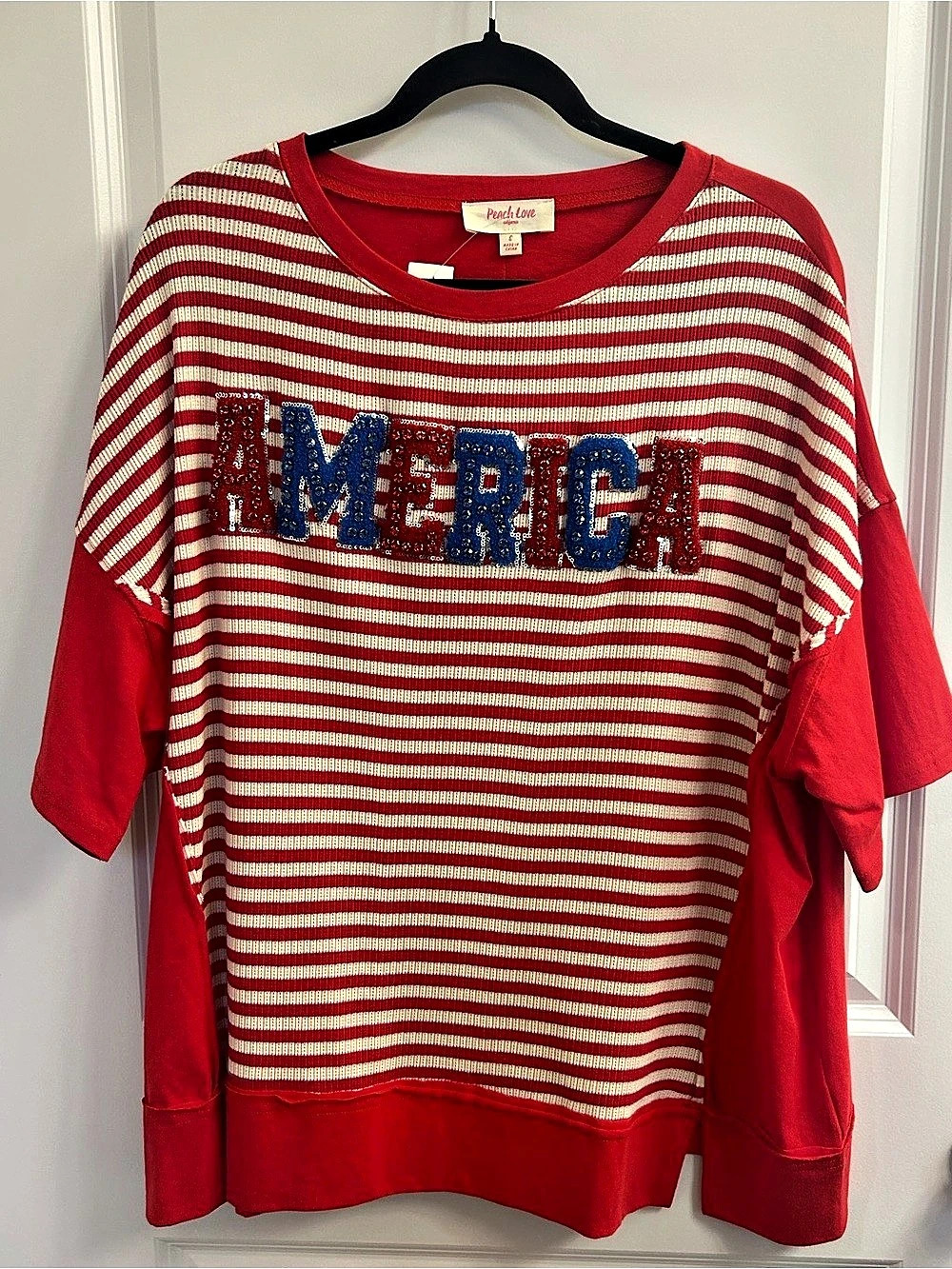 Peach Love Striped Sequin Graphic Tee in Red & White Size oversized Small NWT